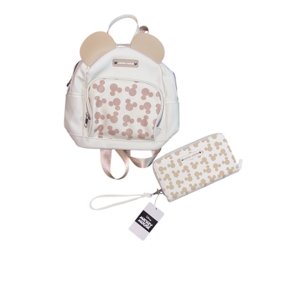 Disney Mickey Mouse Mini Backpack & Wristlet Wallet Set Beige Tan NWT Aldi